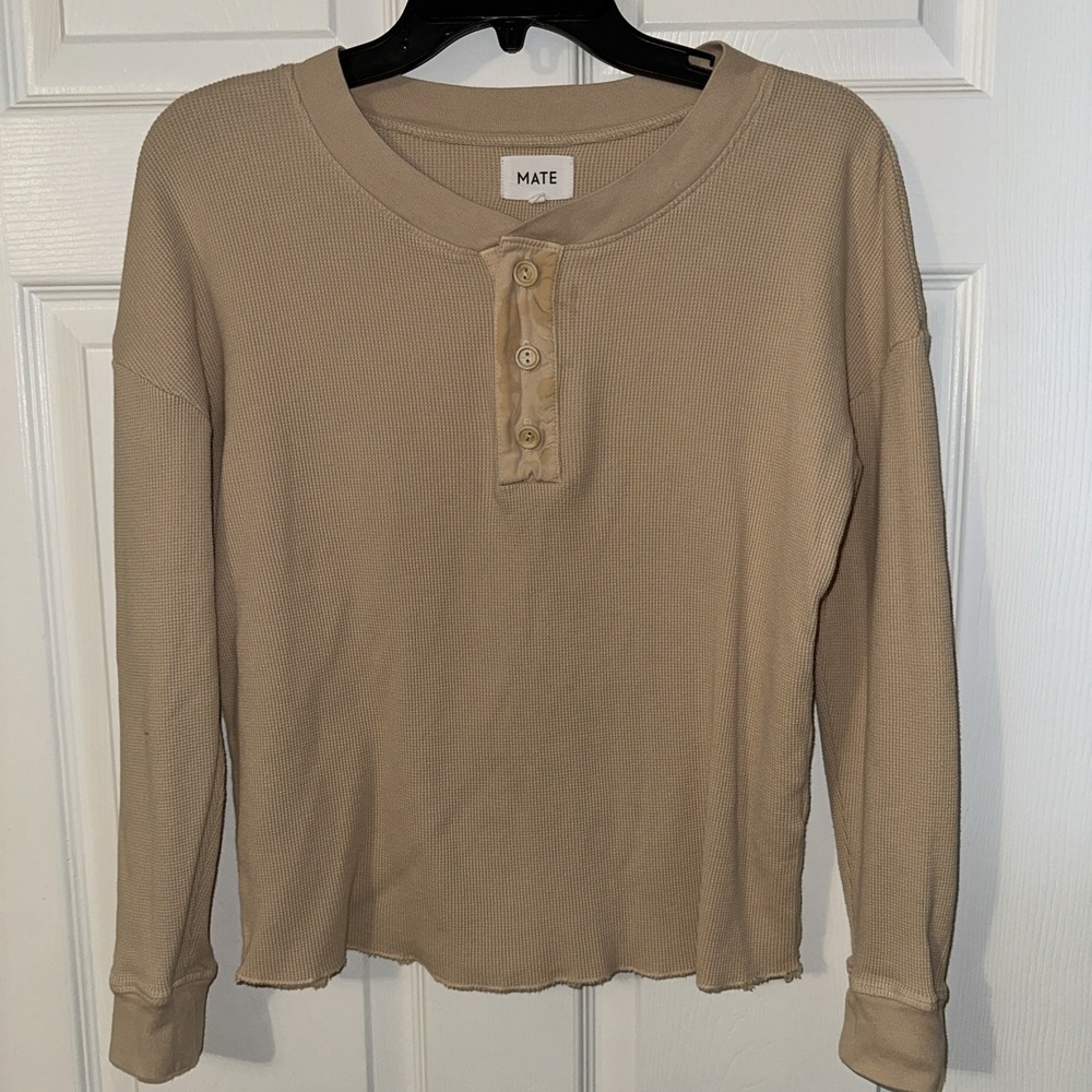 Mate The Label Woman Cropped Long Sleeve Waffle Knit Beige Thermal Top Sz XS